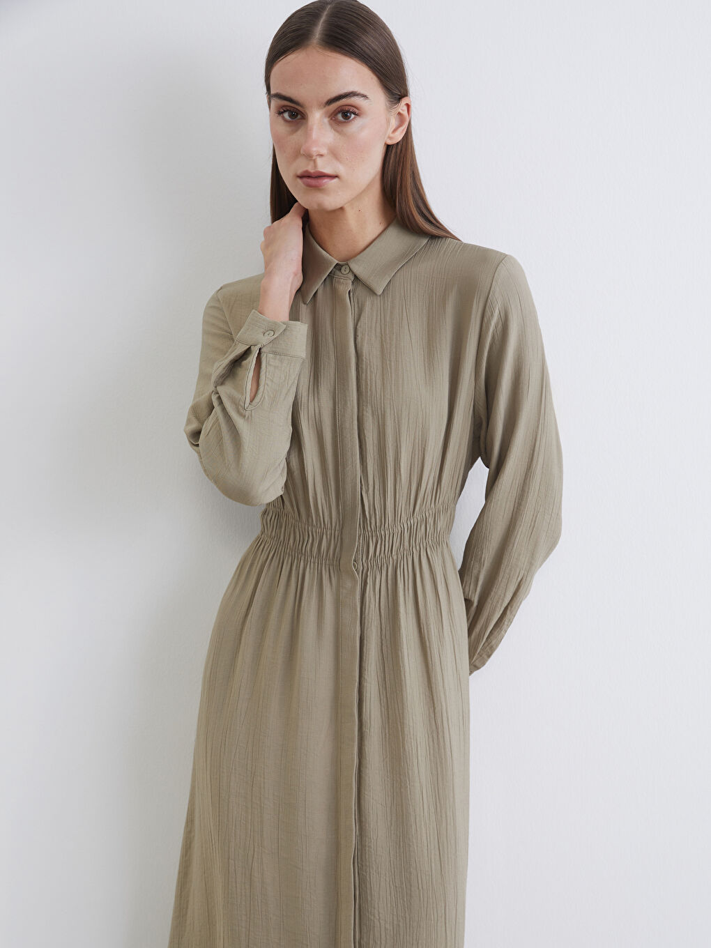 Yeşil Belden Oturtmalı Gömlek Elbise-1