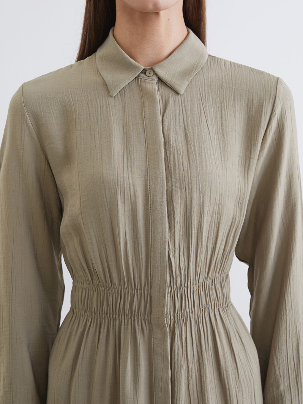 Yeşil Belden Oturtmalı Gömlek Elbise-2