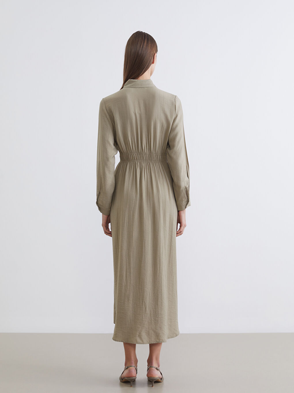 Yeşil Belden Oturtmalı Gömlek Elbise-3