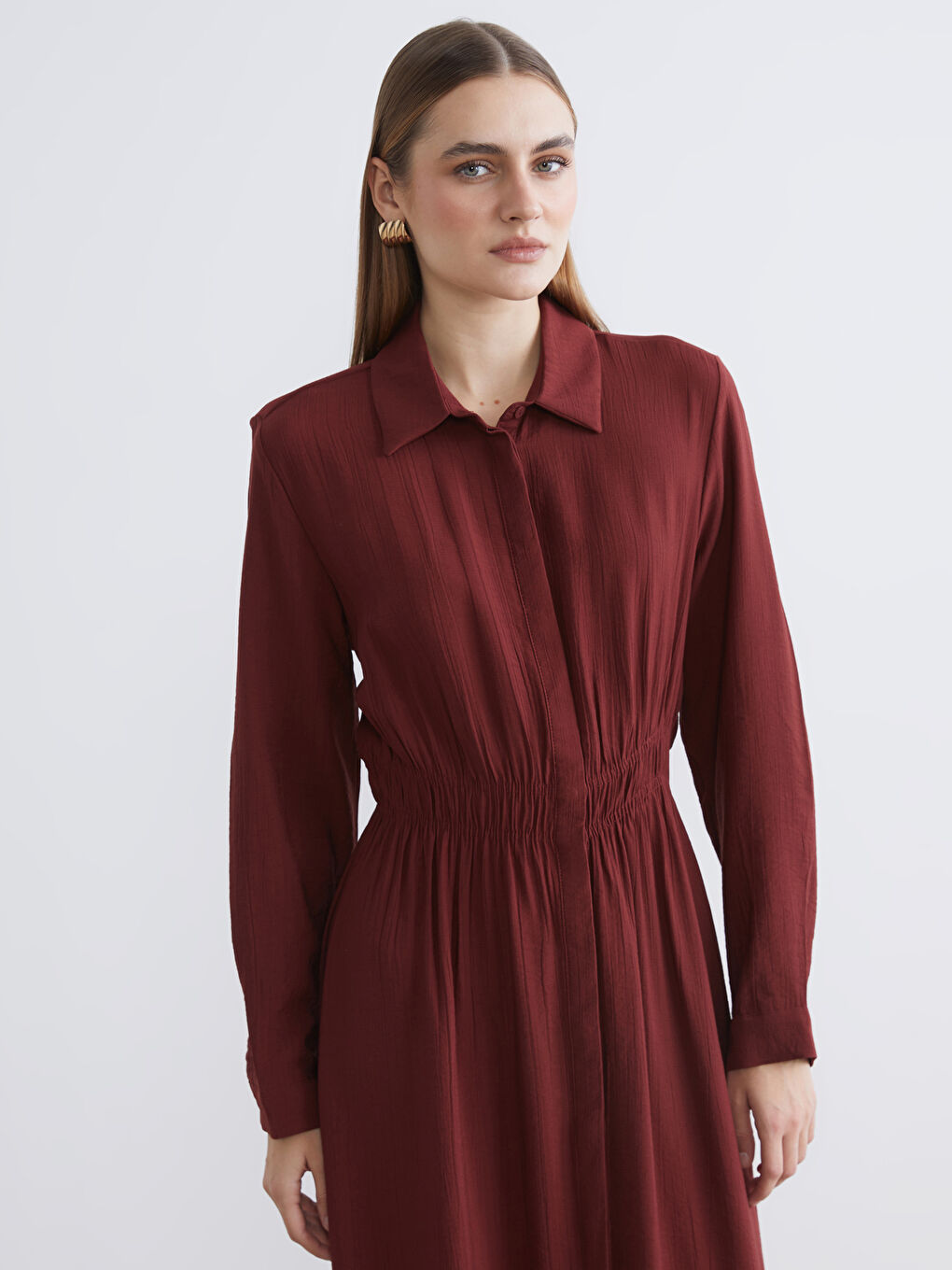 Bordo Belden Oturtmalı Gömlek Elbise-1