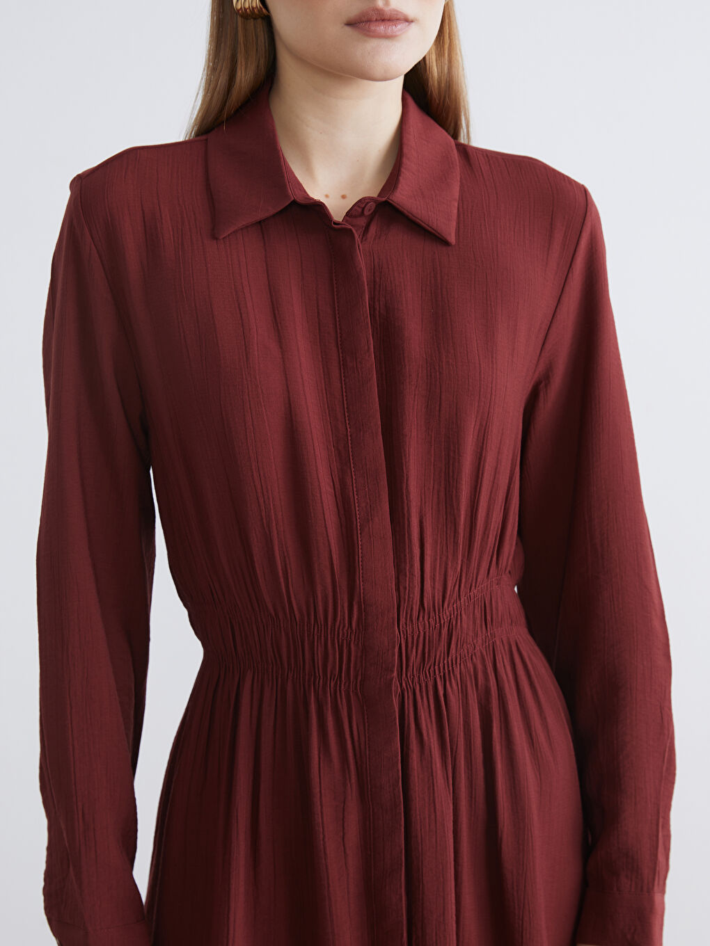 Bordo Belden Oturtmalı Gömlek Elbise-2