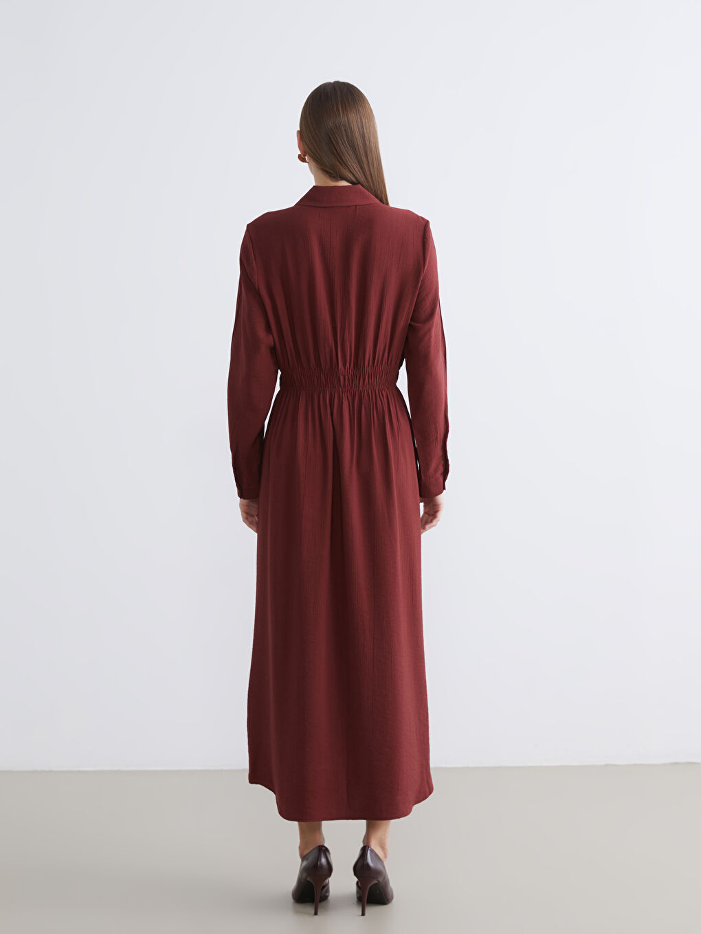 Bordo Belden Oturtmalı Gömlek Elbise-3