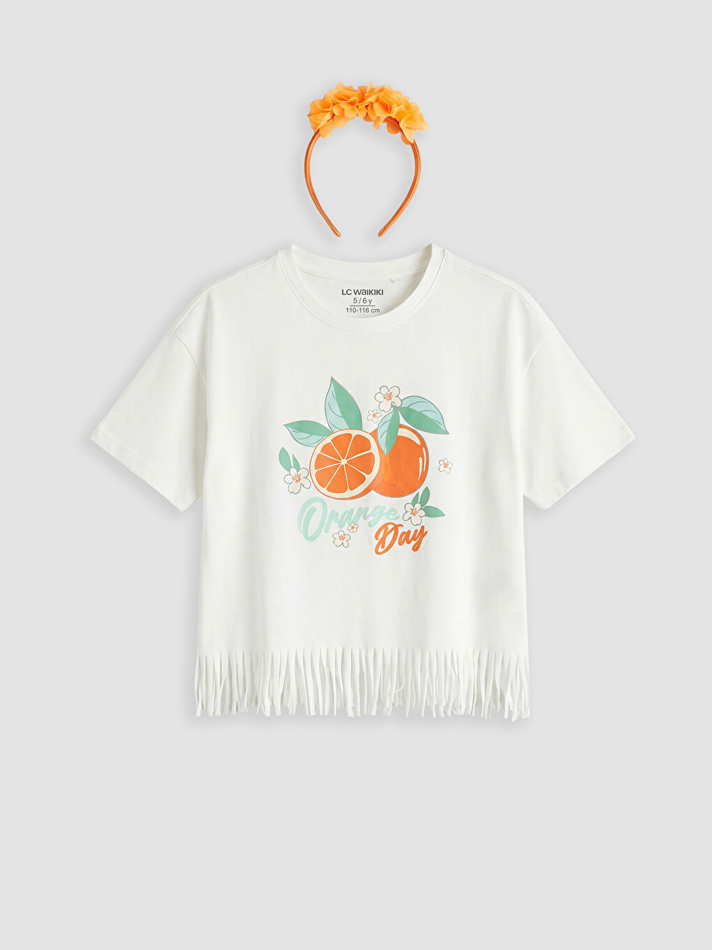 Ekru Bisiklet Yaka Baskılı Kız Çocuk Tişört ve Taç