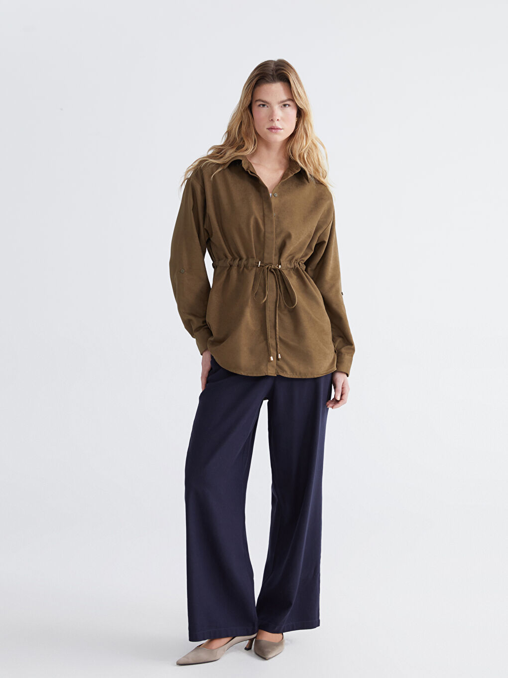 Haki Süet Görünümlü Büzgülü Kadın Gömlek Tunik-1