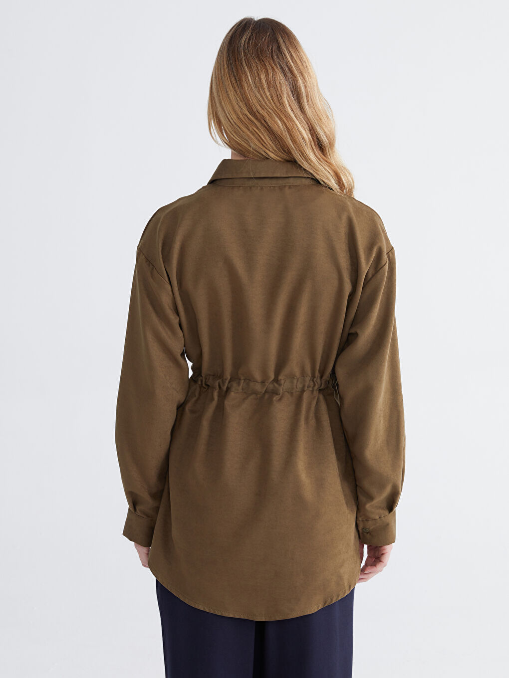 Haki Süet Görünümlü Büzgülü Kadın Gömlek Tunik-3