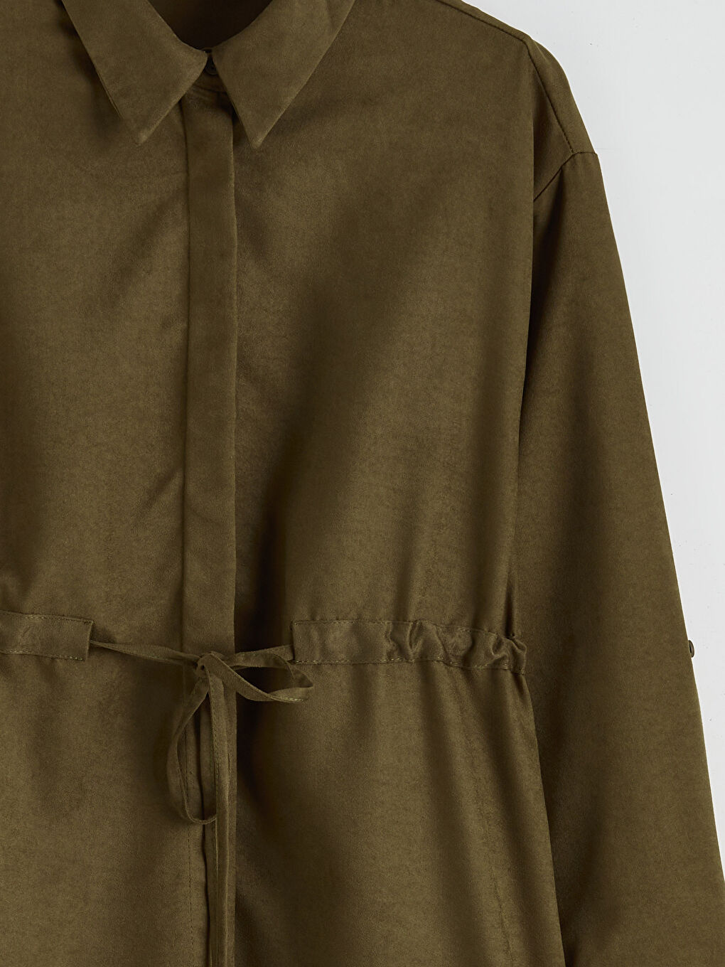 Haki Süet Görünümlü Büzgülü Kadın Gömlek Tunik-5