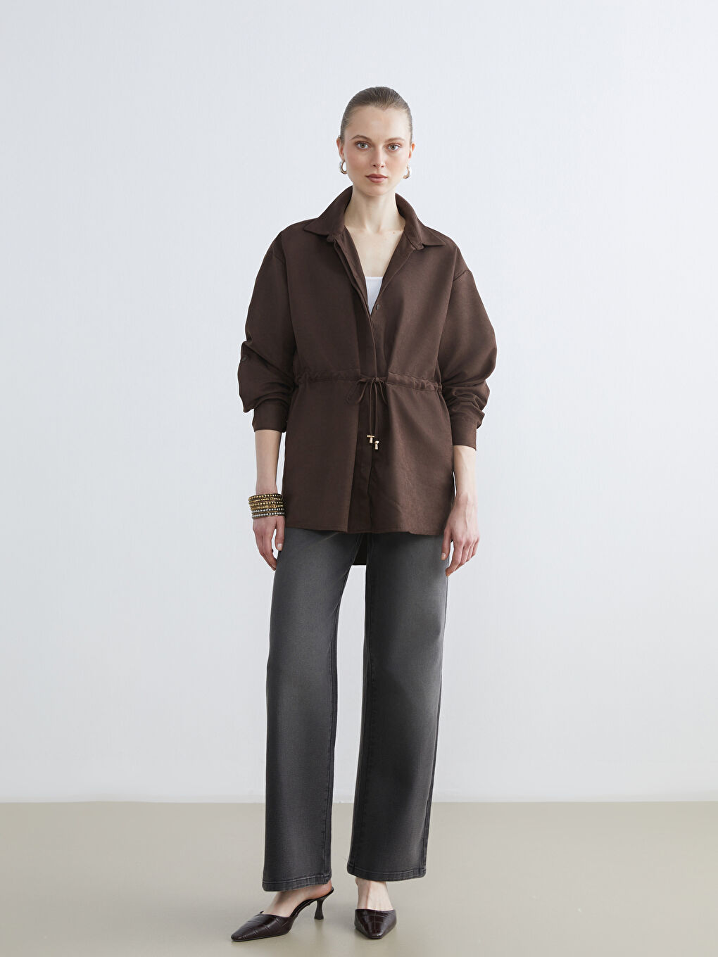 Kahverengi Süet Görünümlü Büzgülü Kadın Gömlek Tunik-1