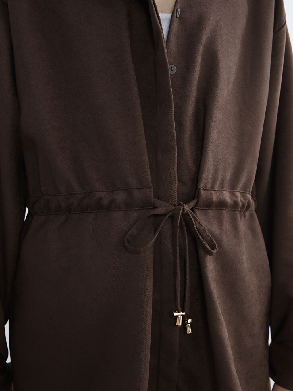 Kahverengi Süet Görünümlü Büzgülü Kadın Gömlek Tunik-2