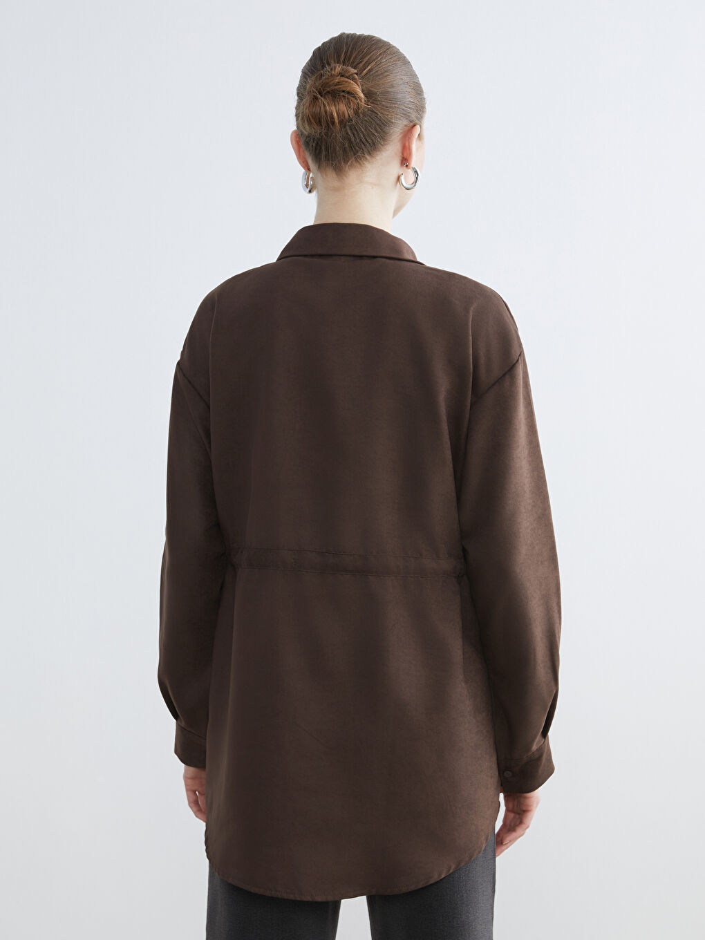Kahverengi Süet Görünümlü Büzgülü Kadın Gömlek Tunik-3