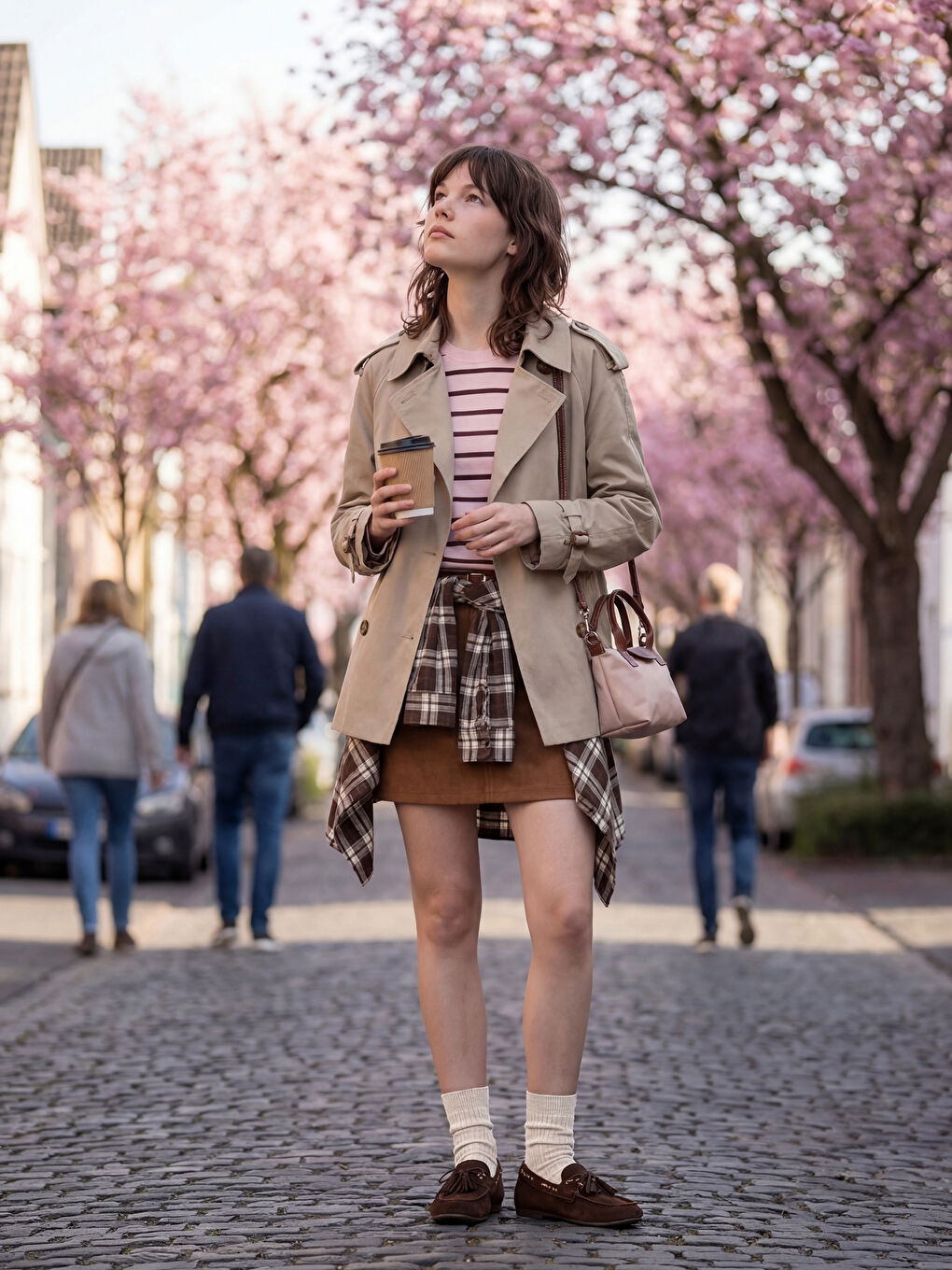 Bej Beli Kemerli Süet Görünümlü Mini Etek