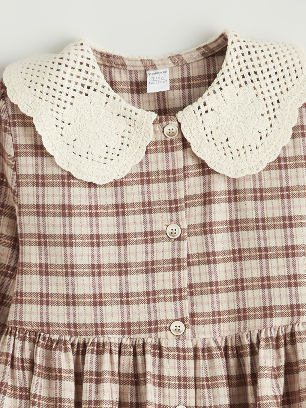 Bej Bebe Yaka Ekose Kız Çocuk Elbise-1