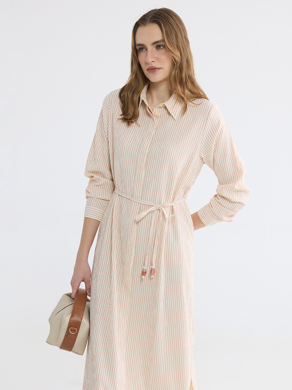Waist Belted Striped Shirt Dress-1
