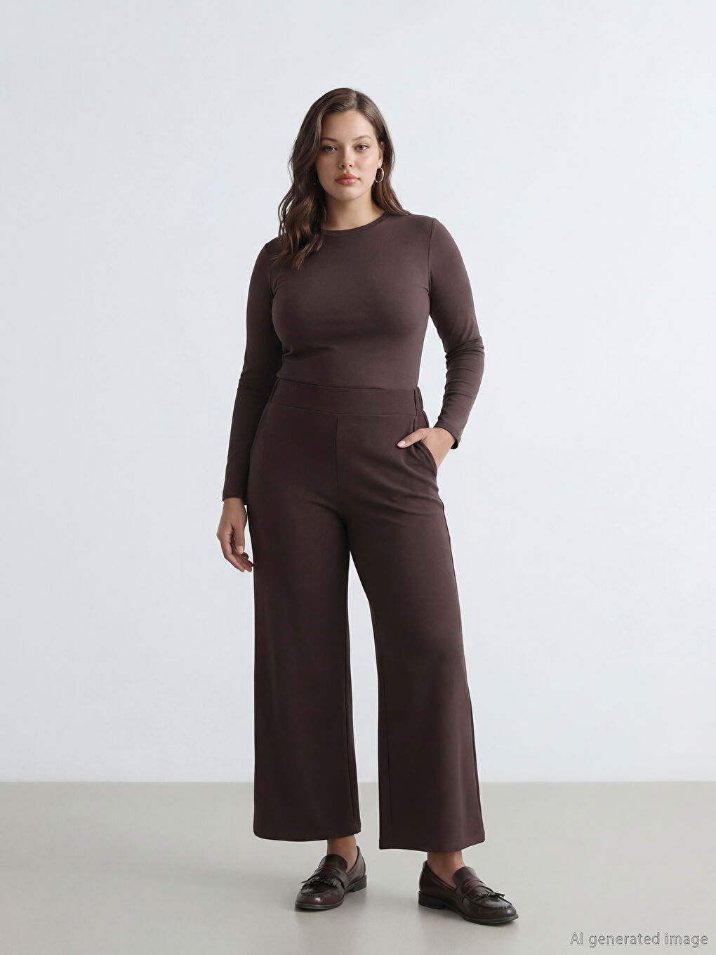 Kahverengi Beli Lastikli Geniş Paça Kadın Pantolon	-1