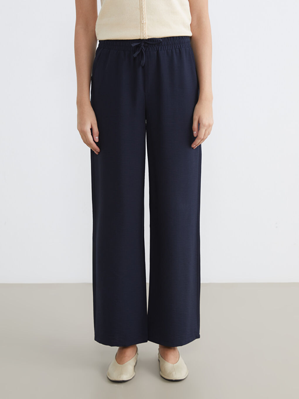 Lacivert Beli Lastikli Geniş Paça Kadın Pantolon-2