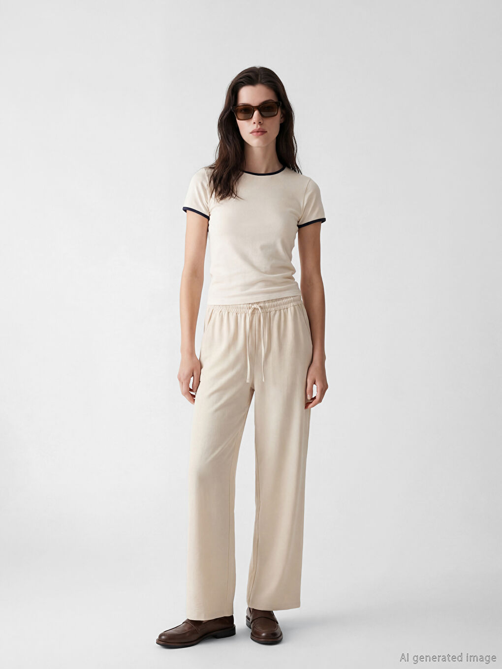 Bej Beli Lastikli Geniş Paça Kadın Pantolon