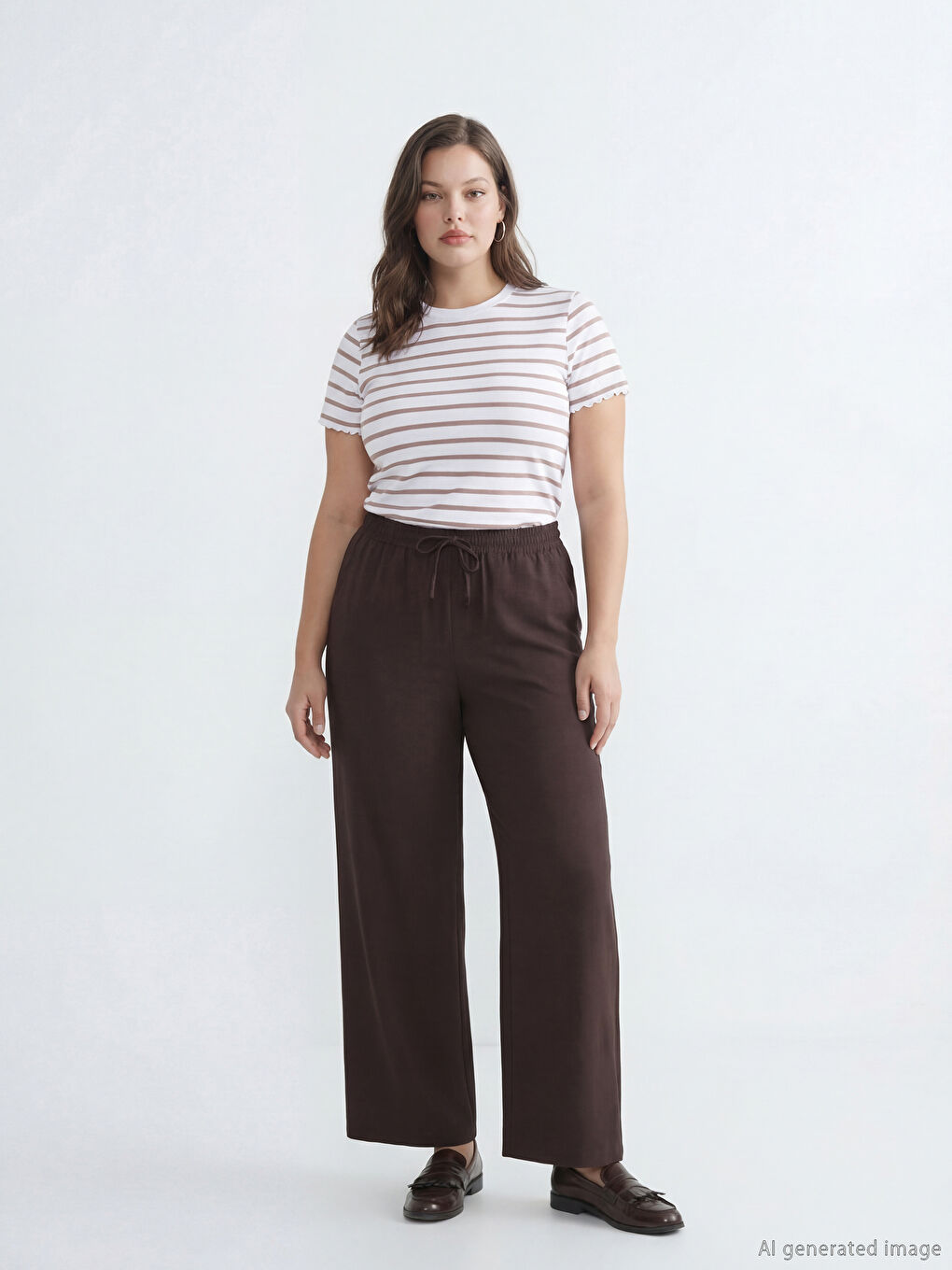 Kahverengi Beli Lastikli Geniş Paça Kadın Pantolon-1