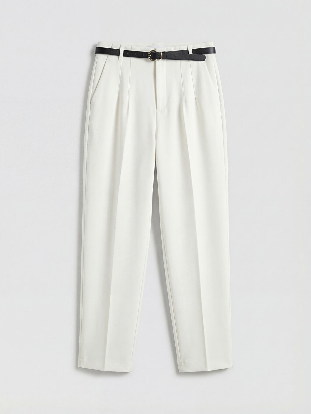 Ekru Beli Kemerli Kadın Pileli Kumaş Pantolon-3