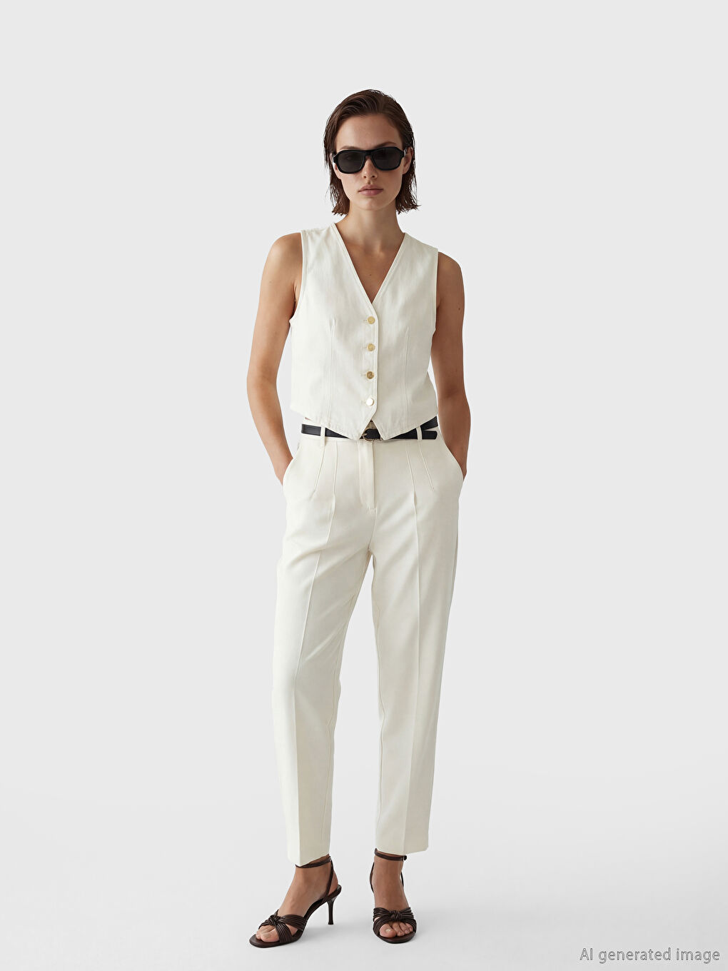 Ekru Beli Kemerli Kadın Pileli Kumaş Pantolon