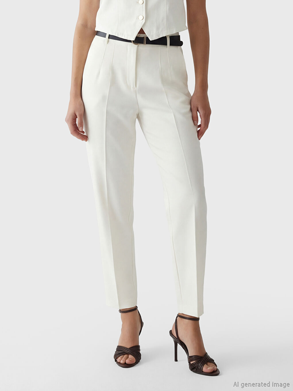 Ekru Beli Kemerli Kadın Pileli Kumaş Pantolon-1