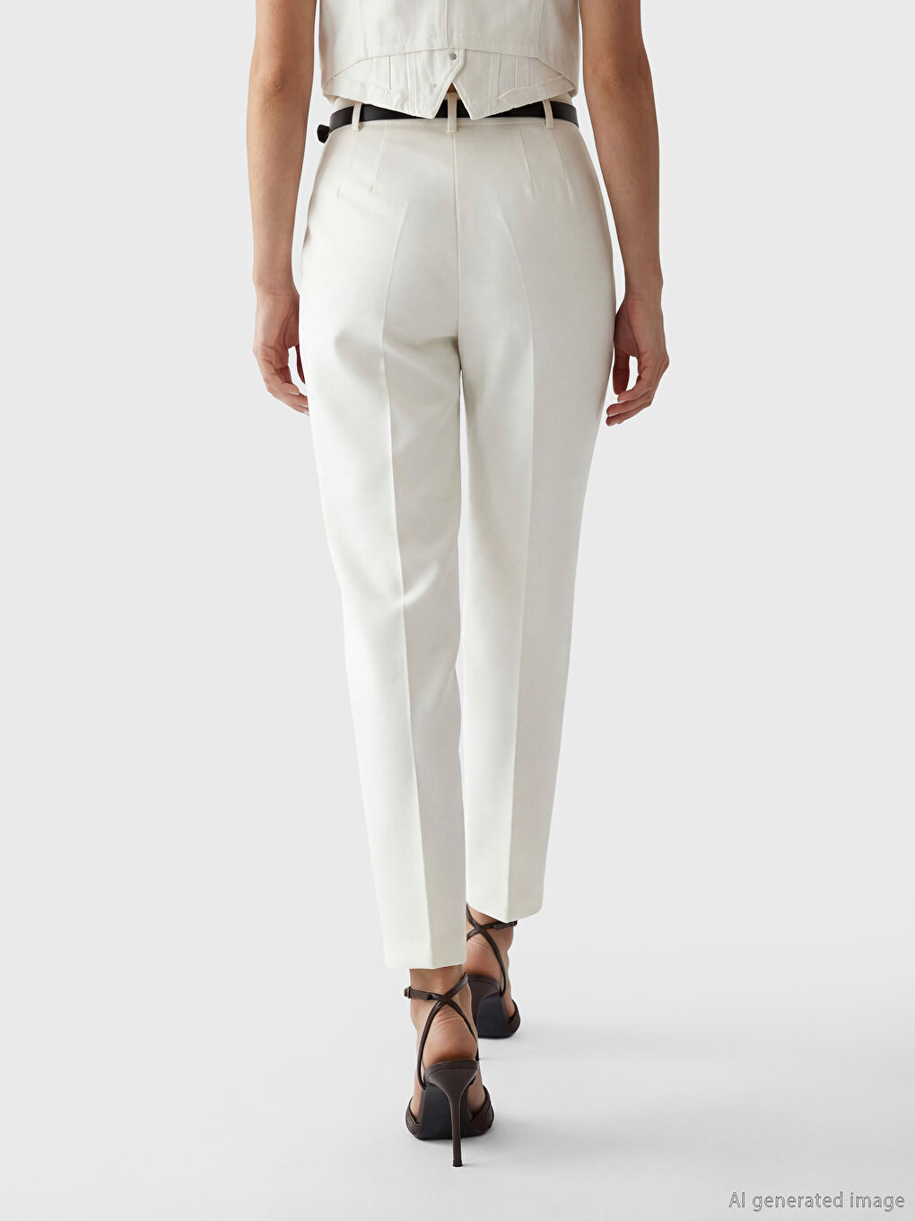 Ekru Beli Kemerli Kadın Pileli Kumaş Pantolon-2