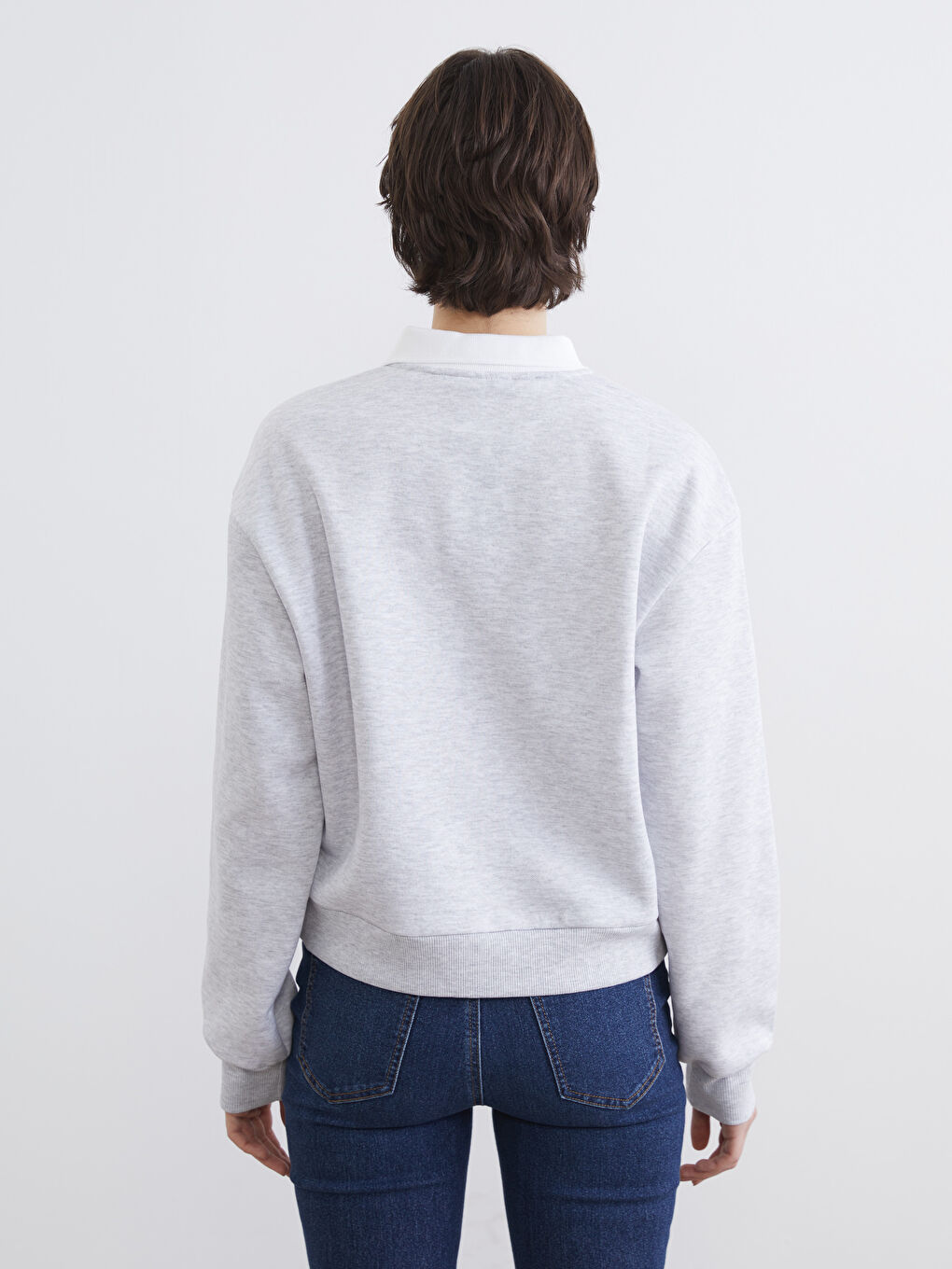 Gri Gömlek Yaka London Baskılı Kadın Kalın Sweatshirt-3