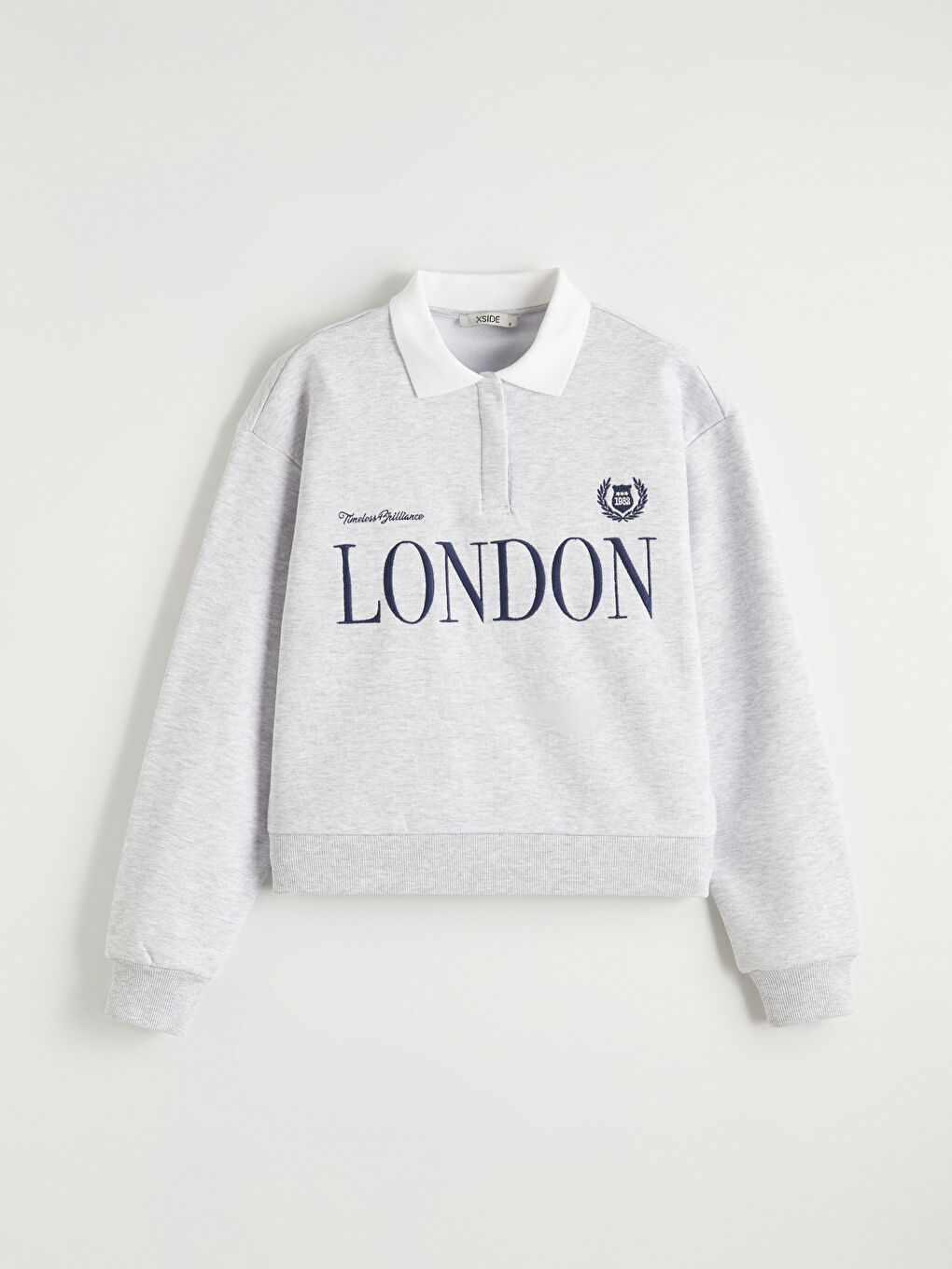 Gri Gömlek Yaka London Baskılı Kadın Kalın Sweatshirt-4