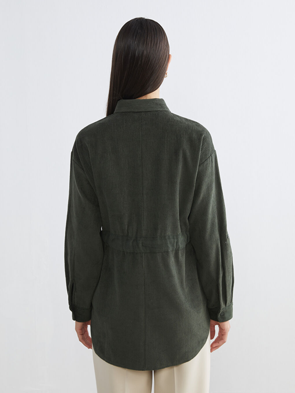 Haki Beli Kuşaklı Kadın Kadife Gömlek Tunik	-3