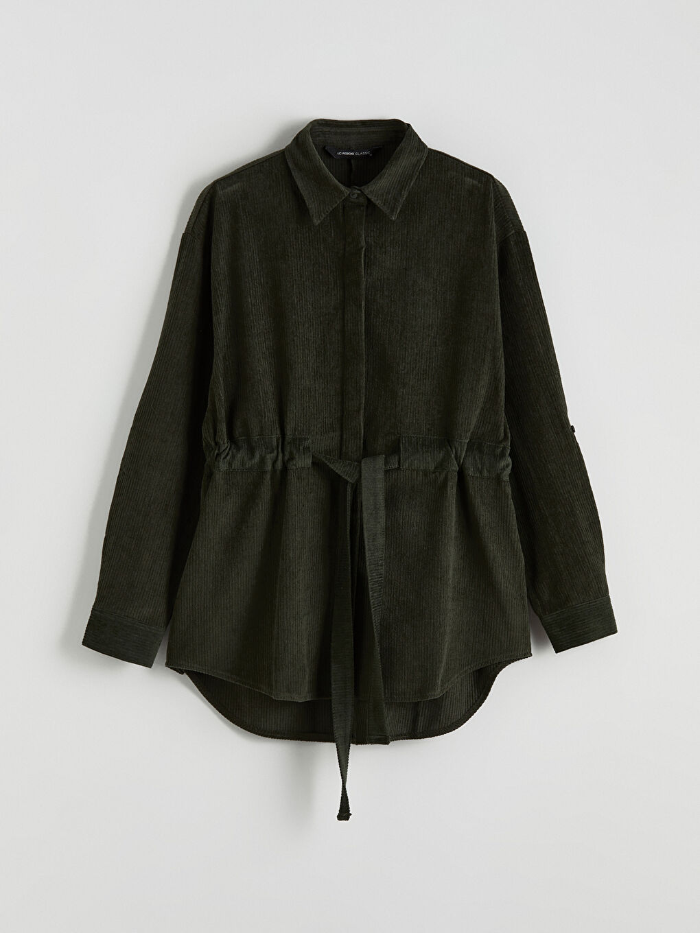 Haki Beli Kuşaklı Kadın Kadife Gömlek Tunik	-4