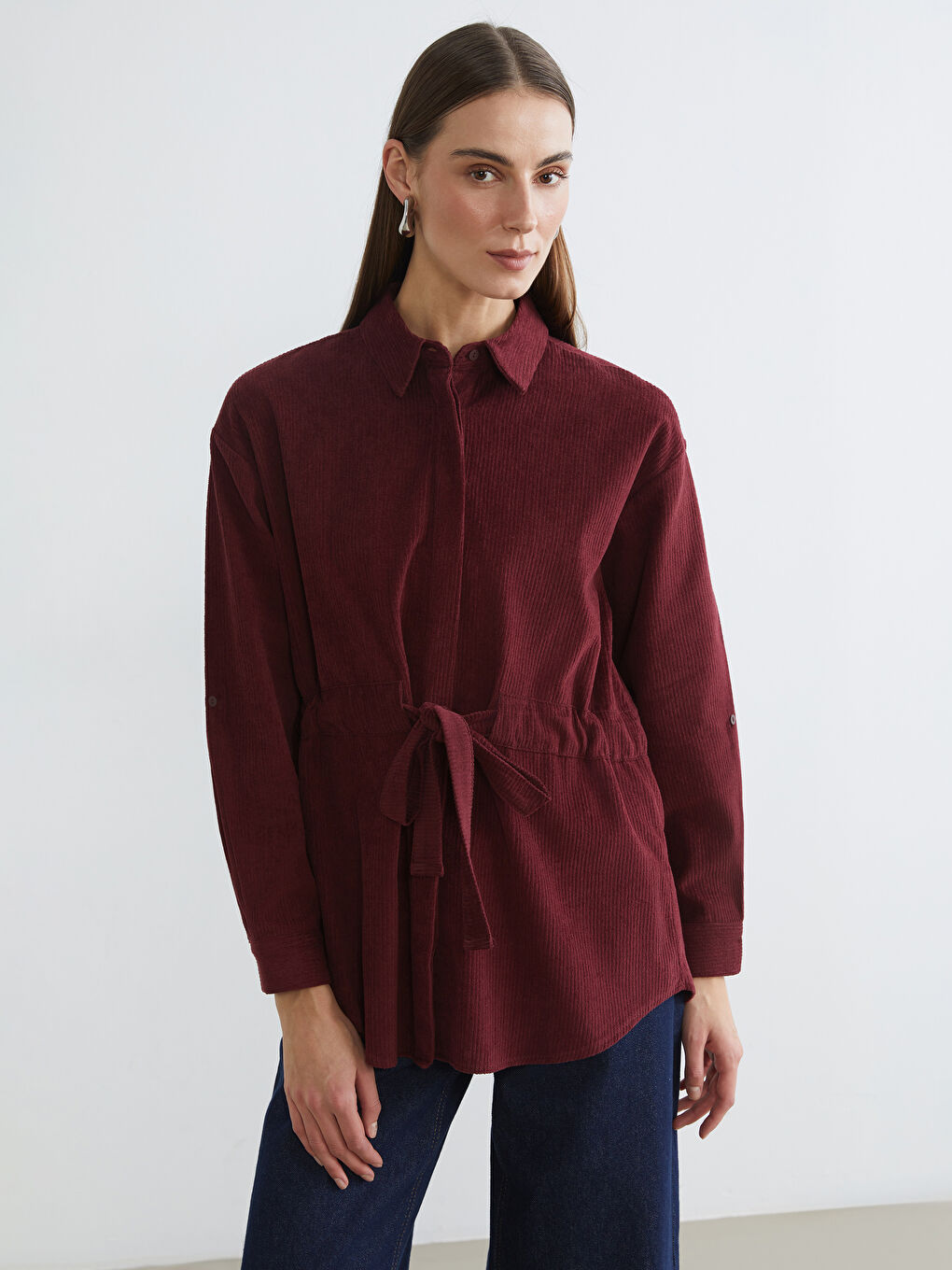 Bordo Beli Kuşaklı Kadın Kadife Gömlek Tunik	