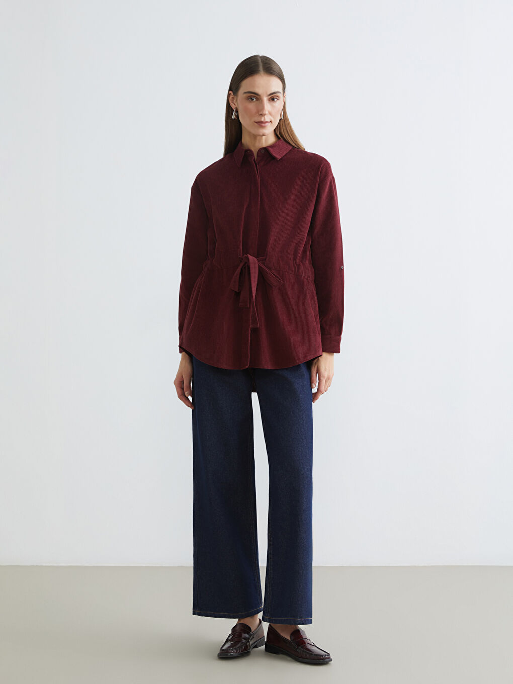 Bordo Beli Kuşaklı Kadın Kadife Gömlek Tunik	-1