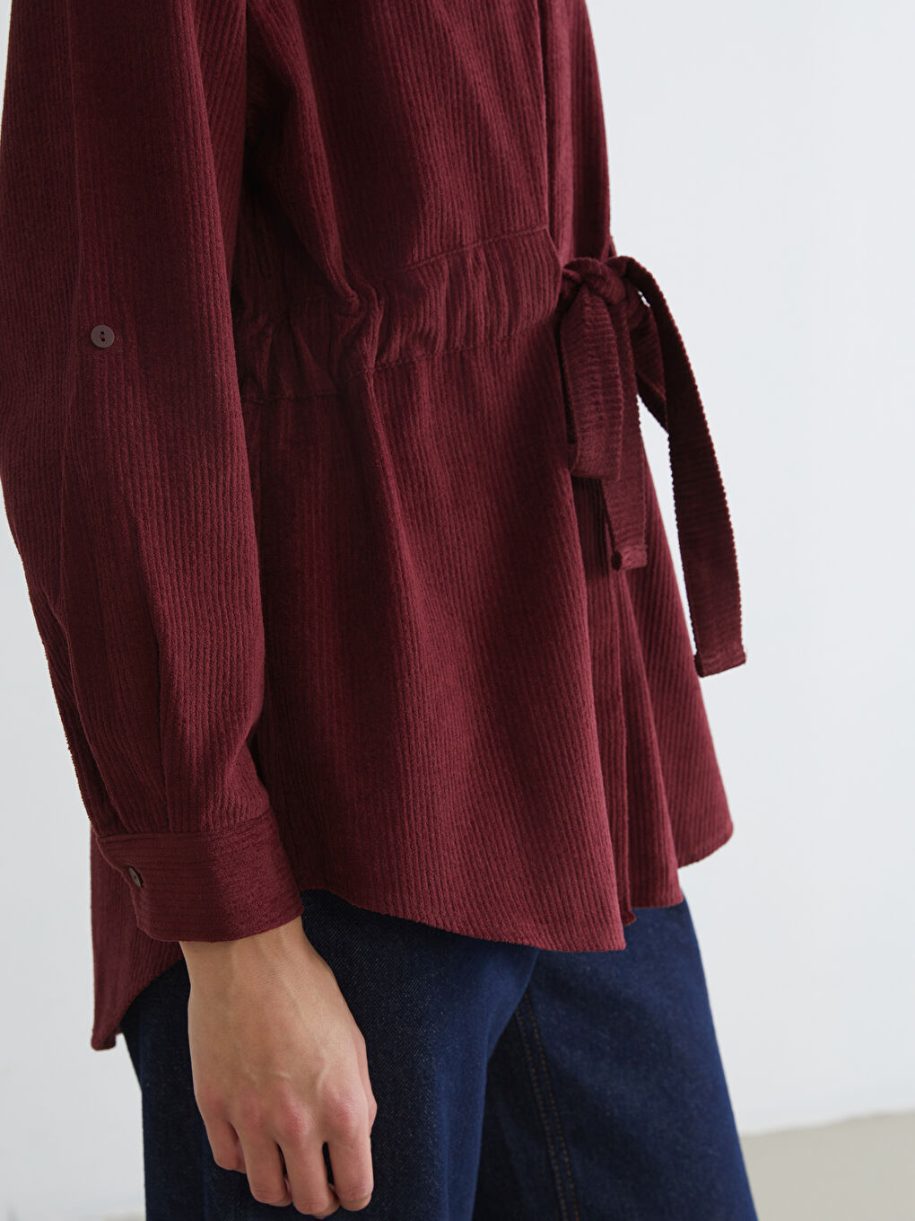 Bordo Beli Kuşaklı Kadın Kadife Gömlek Tunik	-2