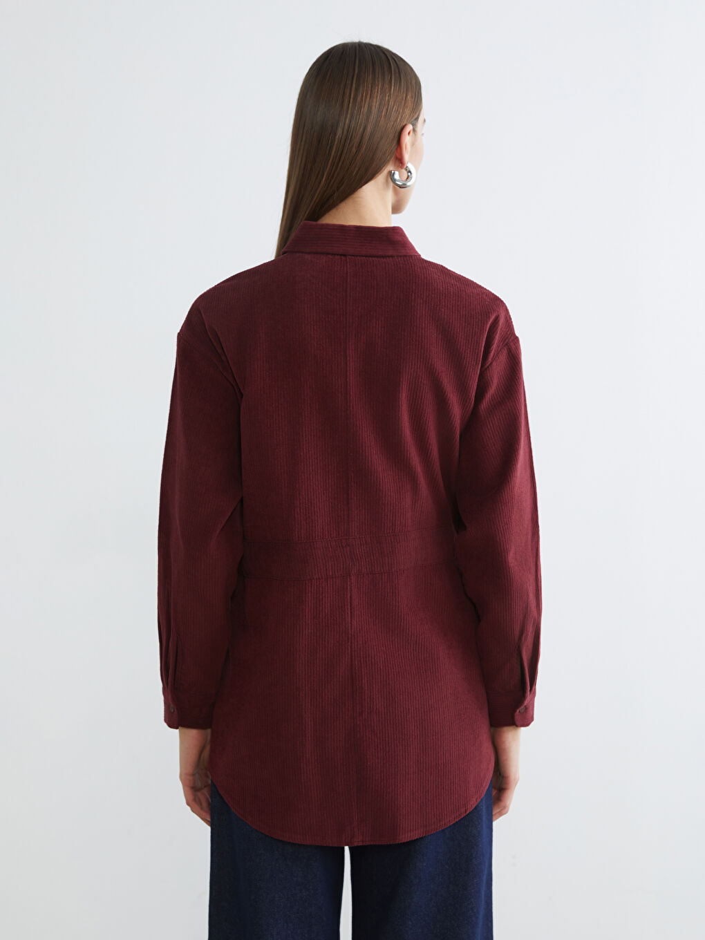 Bordo Beli Kuşaklı Kadın Kadife Gömlek Tunik	-3