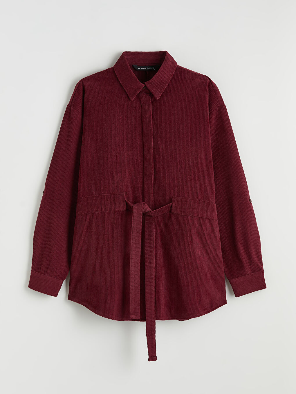 Bordo Beli Kuşaklı Kadın Kadife Gömlek Tunik	-4