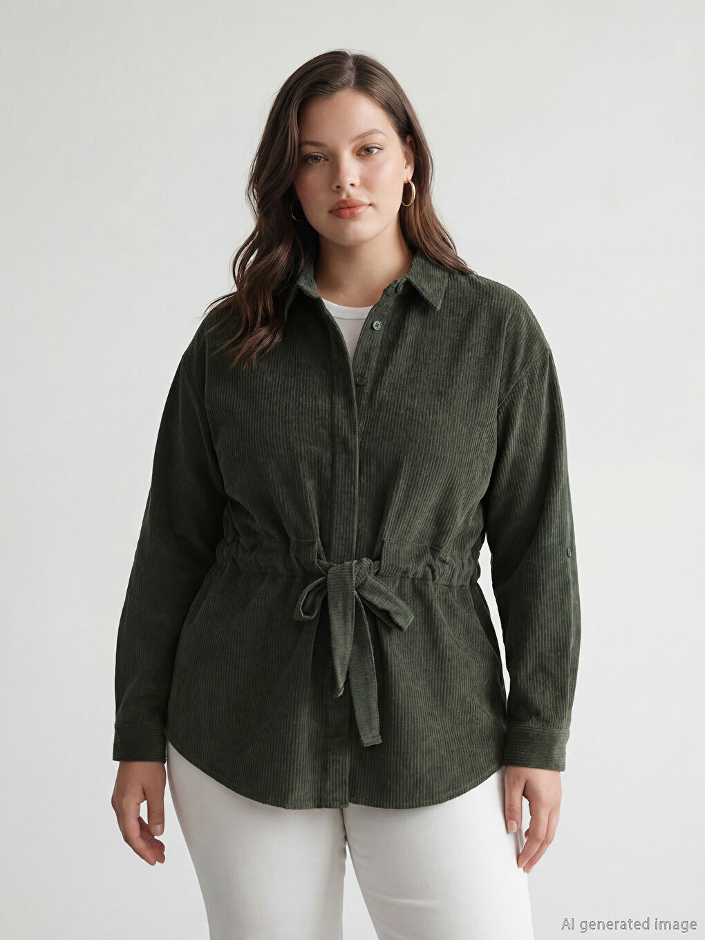 Haki Beli Kuşaklı Kadın Kadife Gömlek Tunik	-1