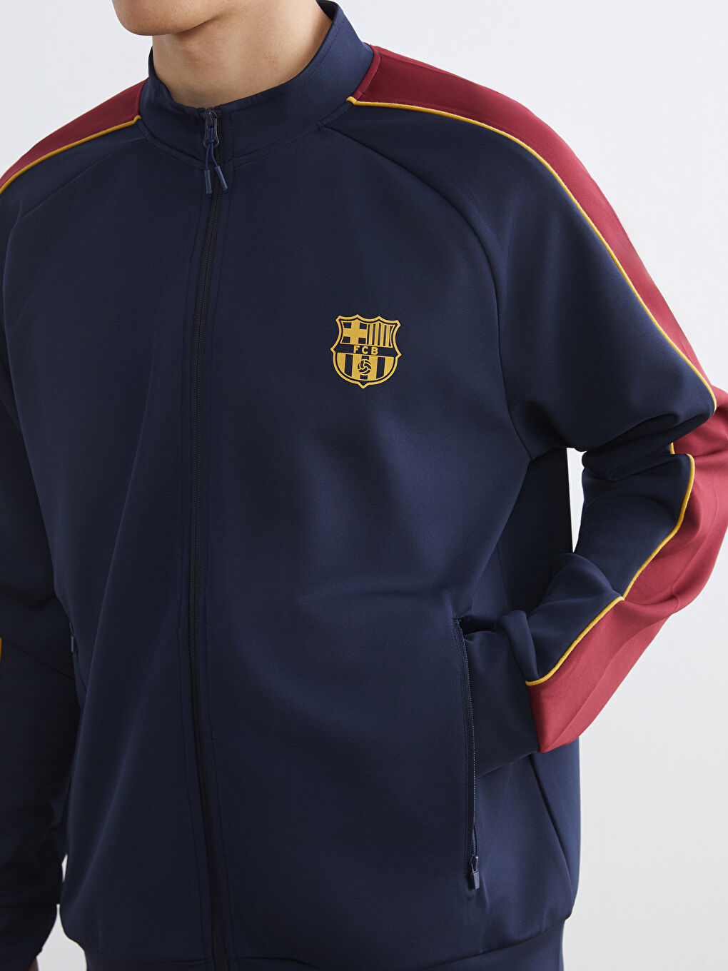 Lacivert Dik Yaka Barcelona Baskılı Erkek Fermuarlı Sweatshirt-2