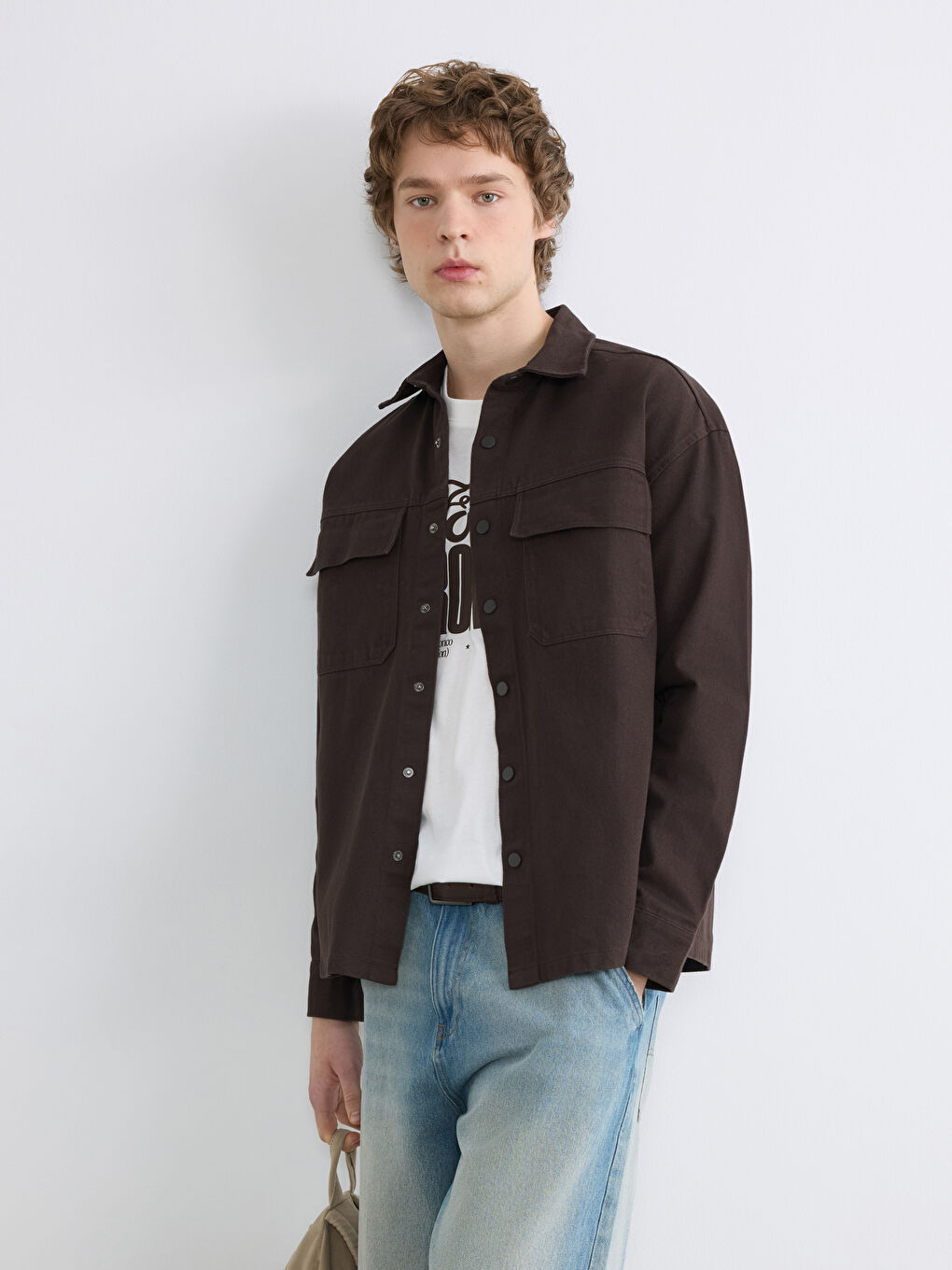 Kahverengi Loose Fit Erkek Gabardin Gömlek Ceket