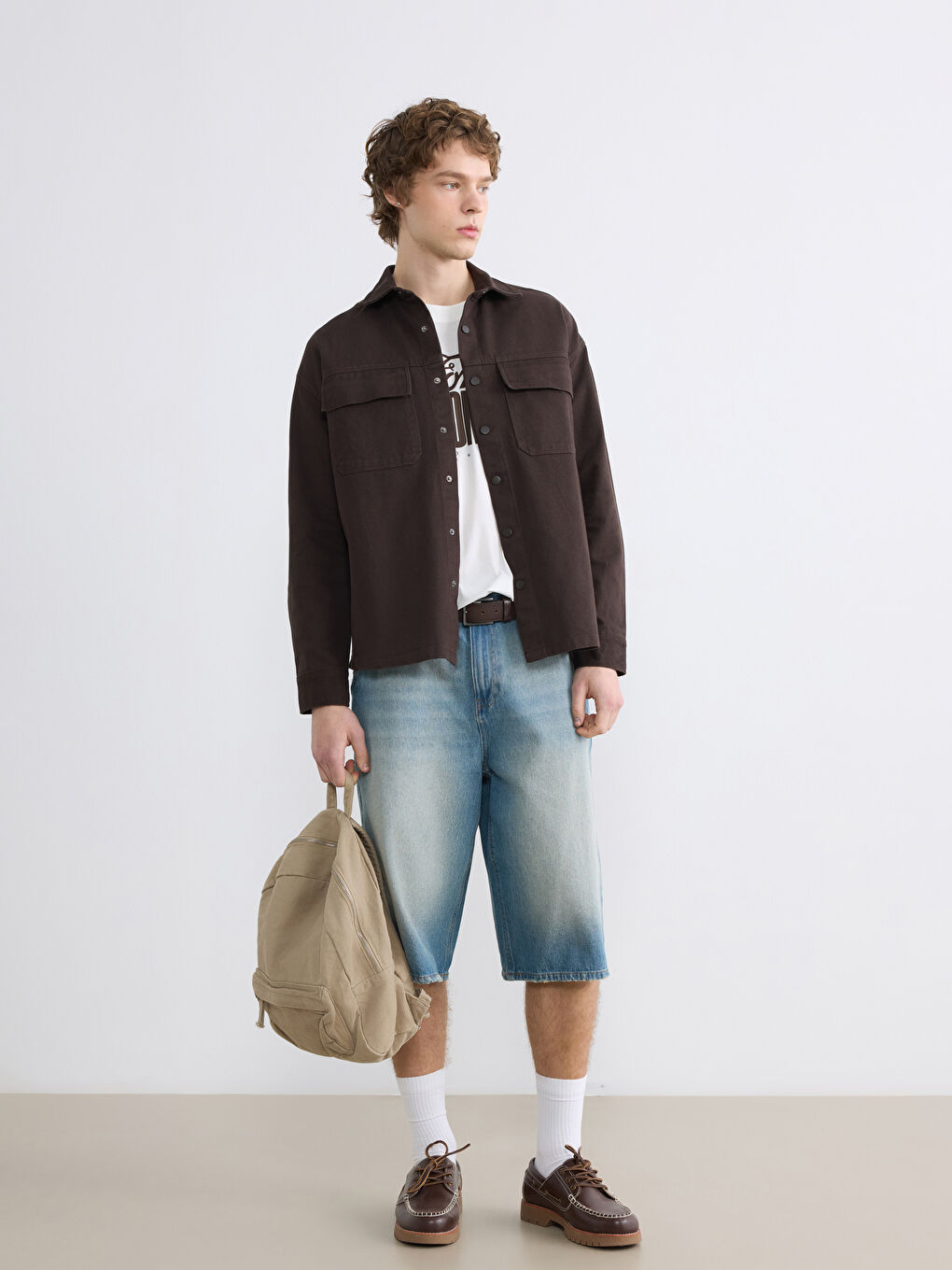 Kahverengi Loose Fit Erkek Gabardin Gömlek Ceket-1