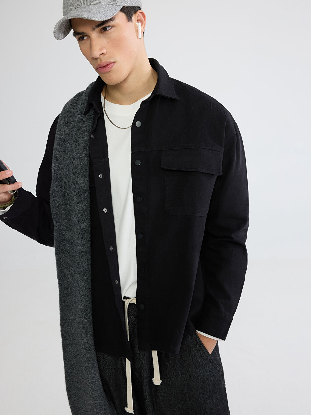 Siyah Loose Fit Erkek Gabardin Gömlek Ceket