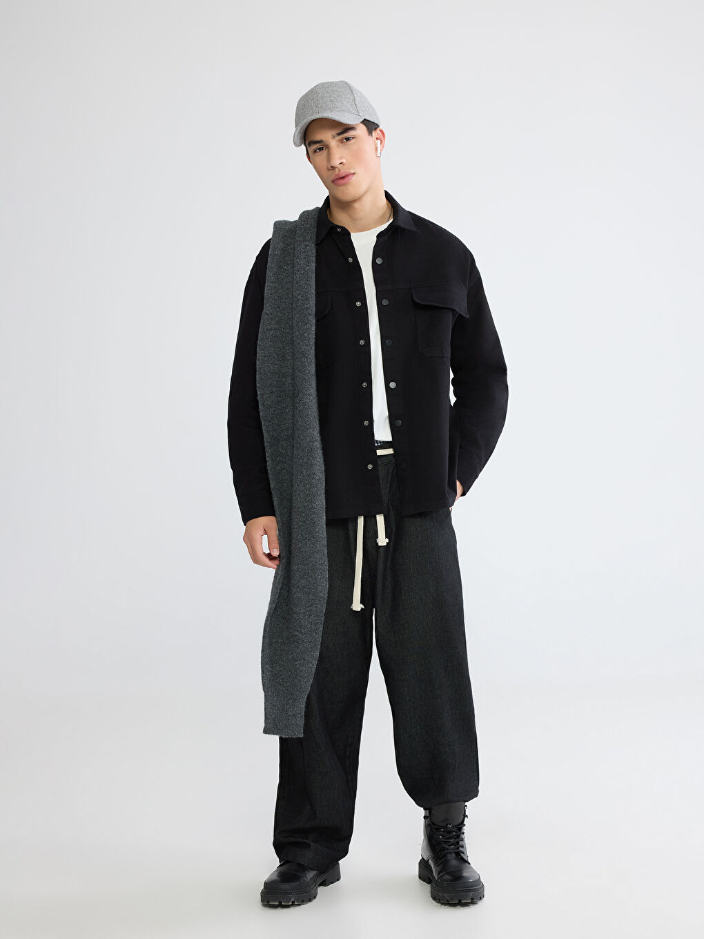 Siyah Loose Fit Erkek Gabardin Gömlek Ceket-1