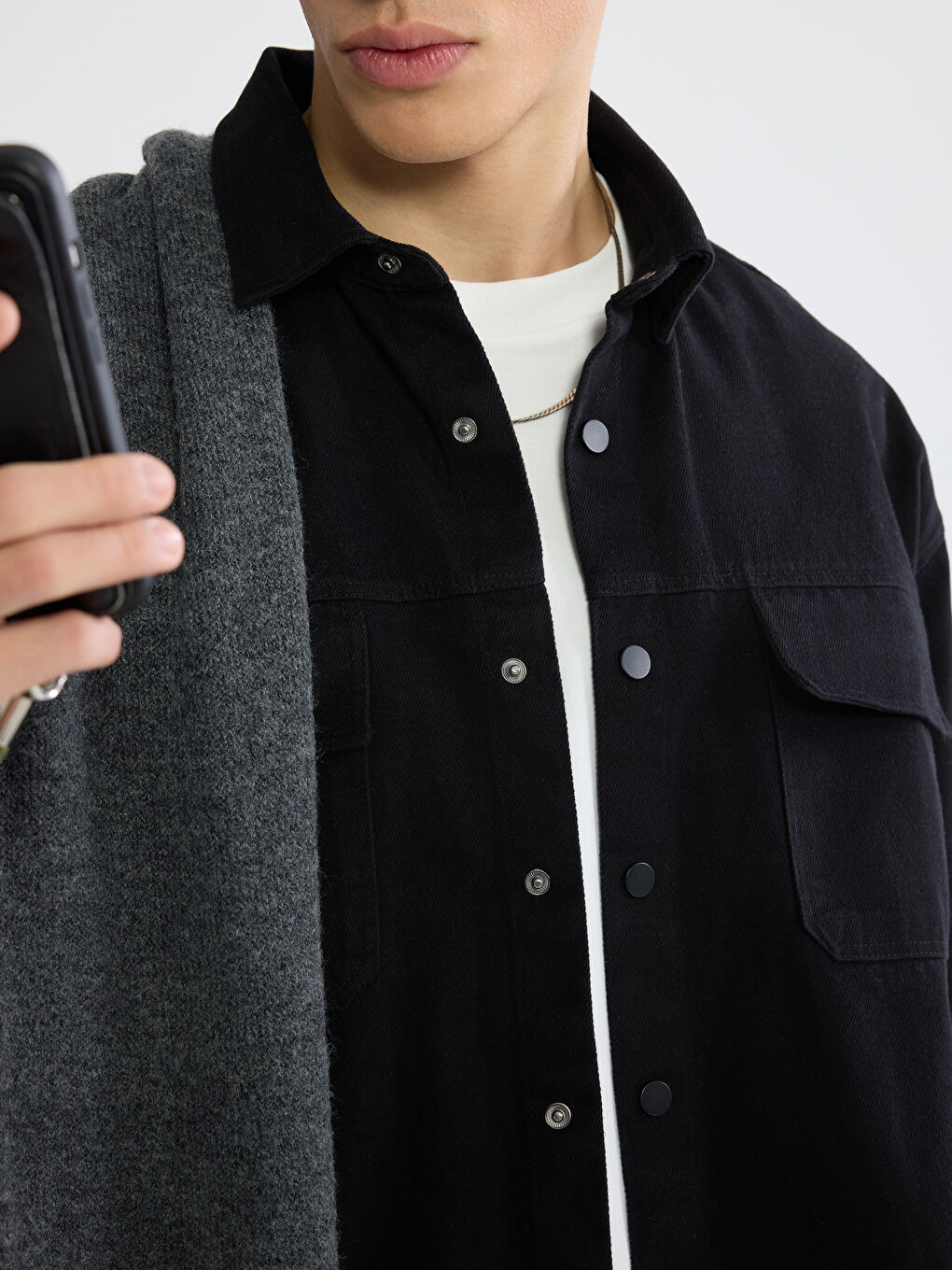Siyah Loose Fit Erkek Gabardin Gömlek Ceket-2