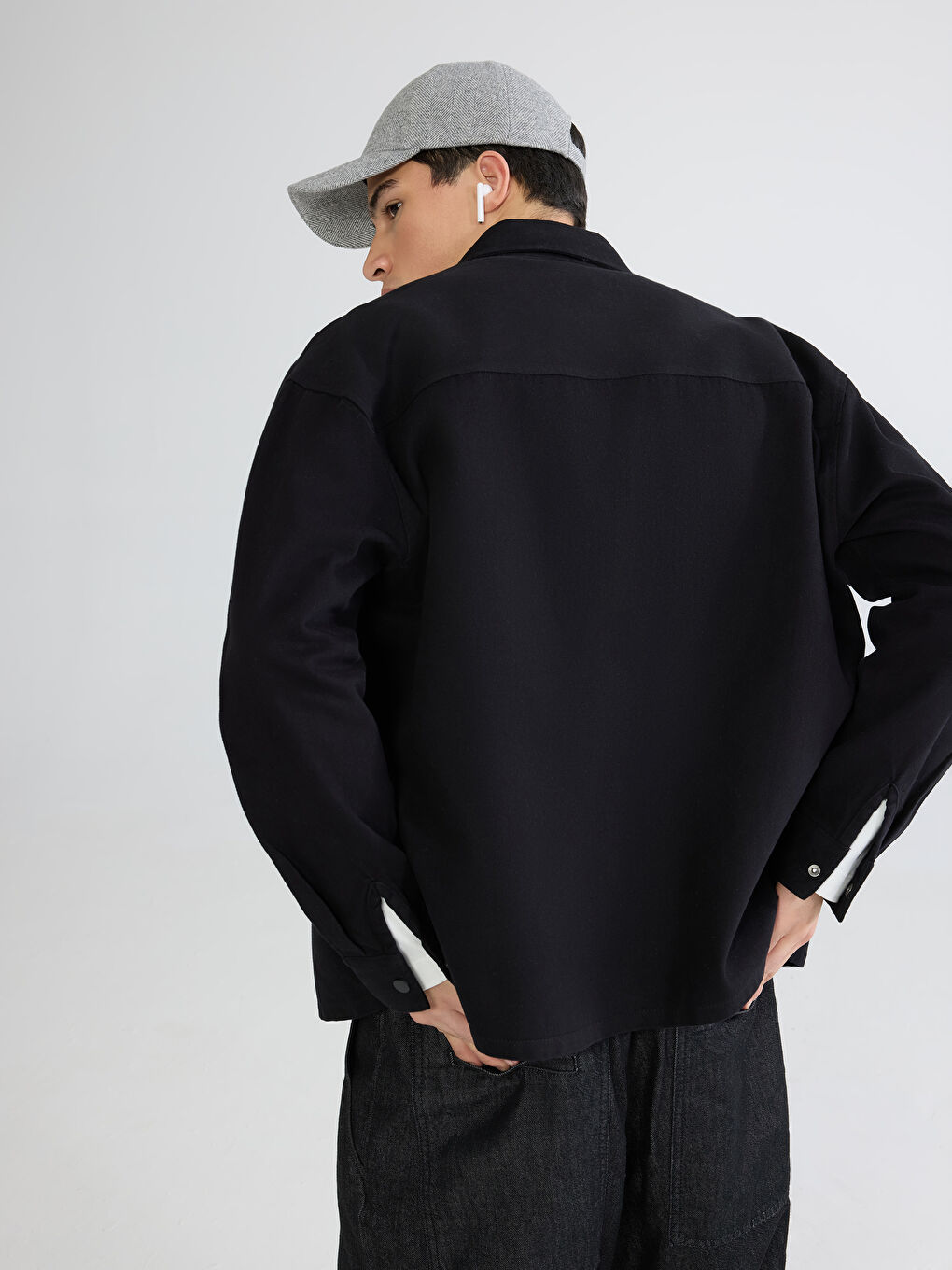Siyah Loose Fit Erkek Gabardin Gömlek Ceket-3