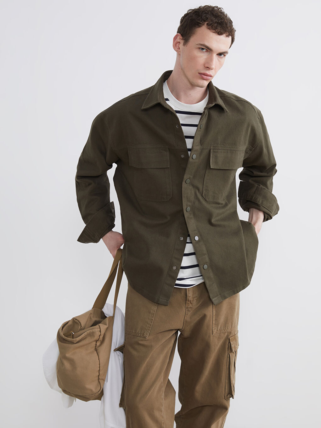 Haki Loose Fit Erkek Gabardin Gömlek Ceket
