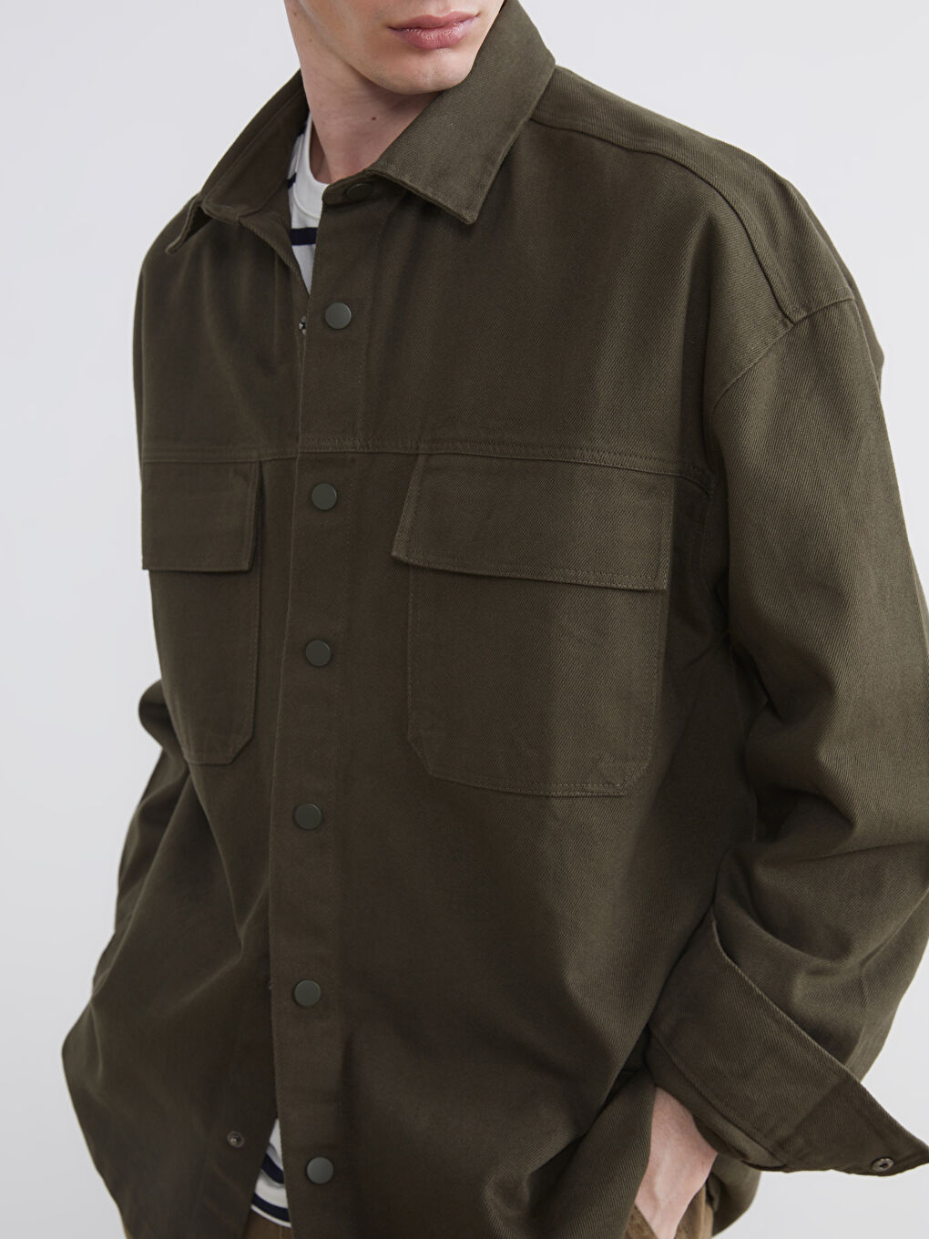 Haki Loose Fit Erkek Gabardin Gömlek Ceket-2