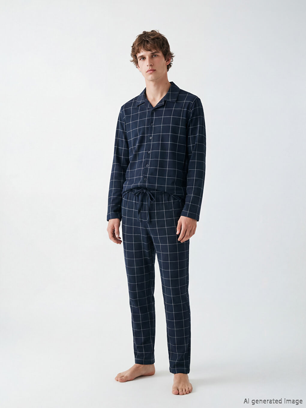 Lacivert Standart Kalıp Ekose Erkek Pijama Takımı