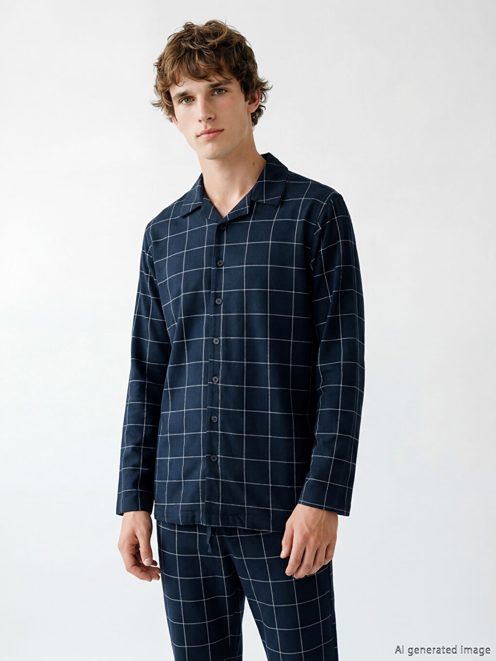 Lacivert Standart Kalıp Ekose Erkek Pijama Takımı-1