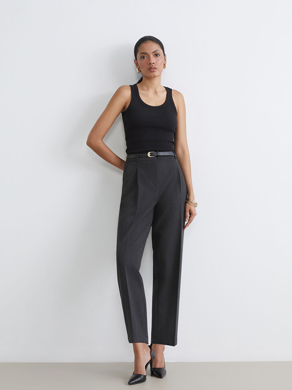 Antrasit Beli Kemerli Cigarette Kadın Pileli Pantolon
