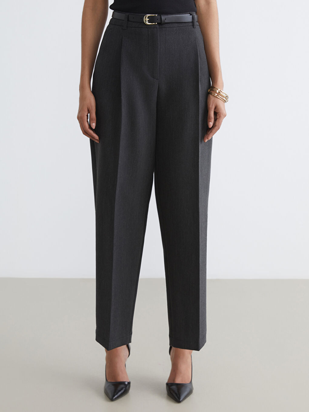 Antrasit Beli Kemerli Cigarette Kadın Pileli Pantolon-1