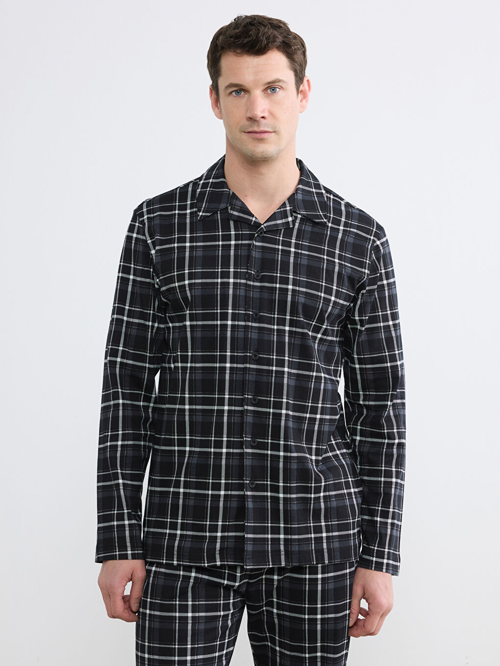 Siyah Standart Kalıp Ekose Erkek Pijama Takım-1