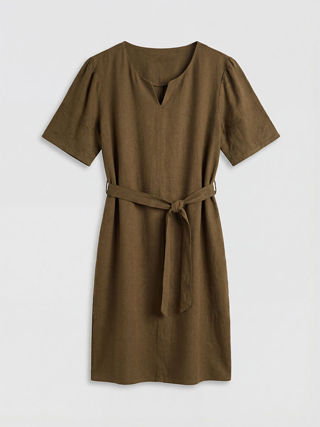 Notch Neck Embroidered A Form Linen Blend Dress-4