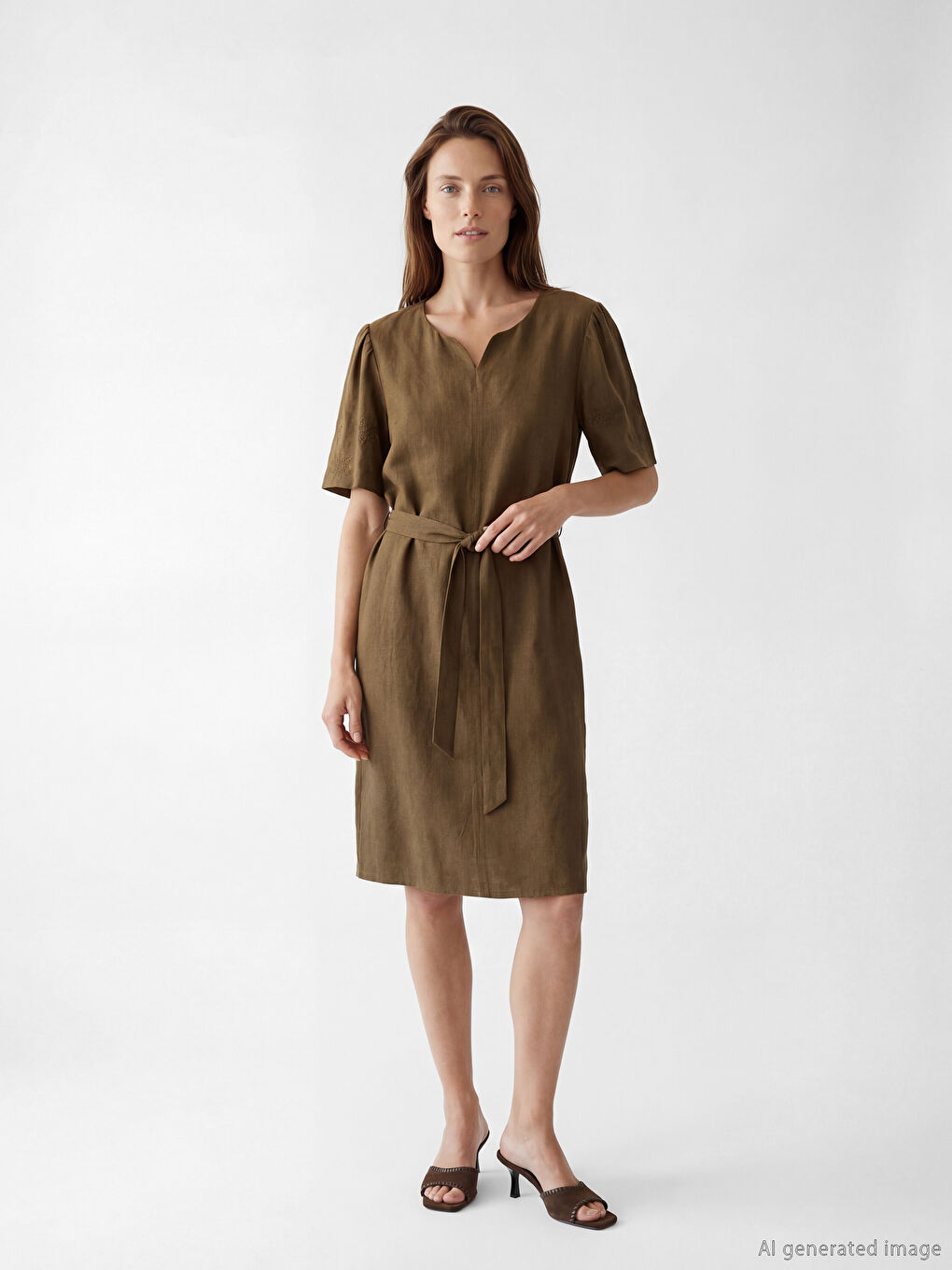 Notch Neck Embroidered A Form Linen Blend Dress